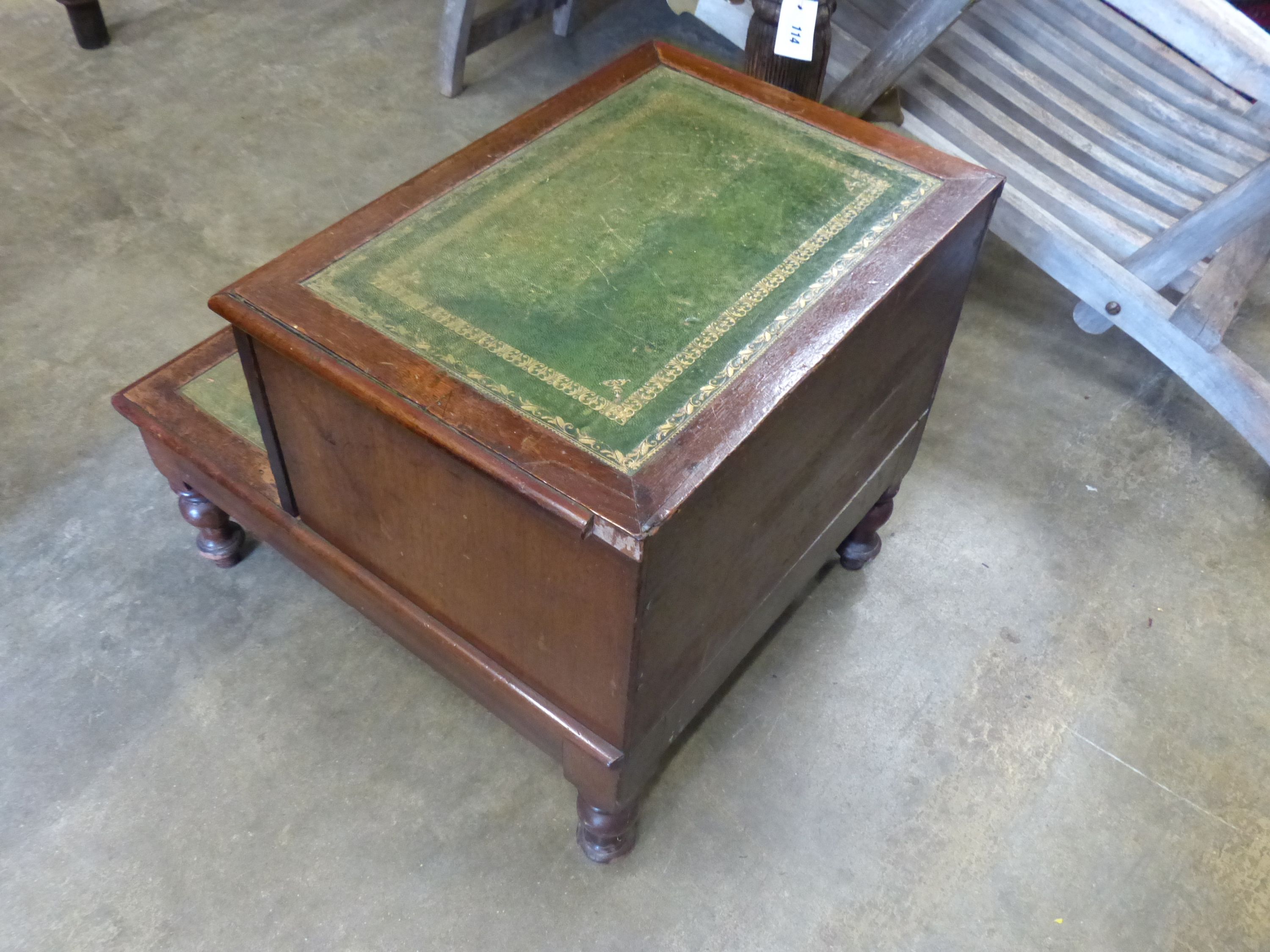 A George III mahogany bow fronted corner washstand, height 80cm together with a Victorian mahogany step commode (converted) (2)